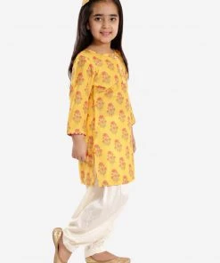 Vastramay Girls' Mustard And Cream Linen Kurta And Patiala Set