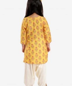Vastramay Girls' Mustard And Cream Linen Kurta And Patiala Set
