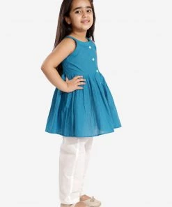 Vastramay Aqua Blue Handloom Cotton Striped Siblings Set