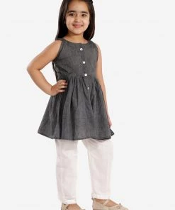Vastramay Black Handloom Cotton Striped Siblings Set