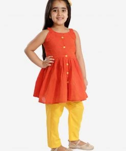 Vastramay Orange Handloom Cotton Striped Siblings Set