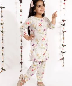 Vastramay Girls' Floral Printed Linen Kurta And Straight Pant Set