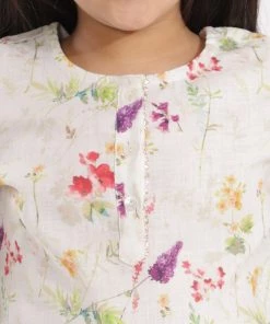 Vastramay Multicolor-Base-Cream Floral Printed Cotton Linen Siblings Set