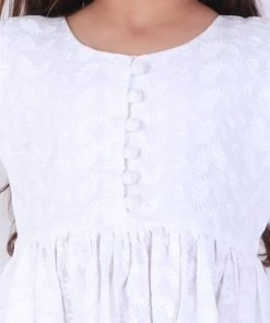 VASTRAMAY Girl's White Chikankari Pure Cotton Kurta With Leggings