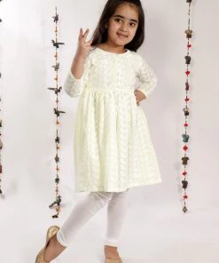Vastramay Girls' Chikankari Cotton Kurta And Leggings Set