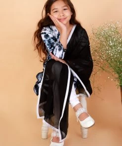 VASTRAMAY Girls Black & White Pure Cotton Tie-Dye Kurta Leggings & Dupatta Set