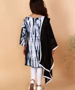 VASTRAMAY Girls Black & White Pure Cotton Tie-Dye Kurta Leggings & Dupatta Set