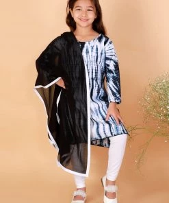 VASTRAMAY Girls Black & White Pure Cotton Tie-Dye Kurta Leggings & Dupatta Set
