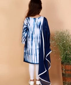 VASTRAMAY Girls Blue & White Pure Cotton Tie-Dye Kurta Leggings & Dupatta Set