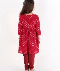 Vastramay Girl's Maroon Mirror Work Kurta And Churidar Set Girls