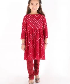 Vastramay Girl's Maroon Mirror Work Kurta And Churidar Set Girls