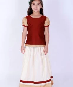VASTRAMAY Girl's Maroon & White Pavda Pattu Lehenga Choli Set Girls