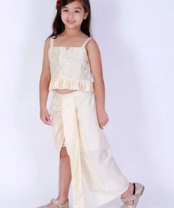 Vastramay Girl's Gold Draped Skirt With Crop Top Girls