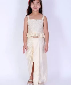 Vastramay Girl's Gold Draped Skirt With Crop Top Girls