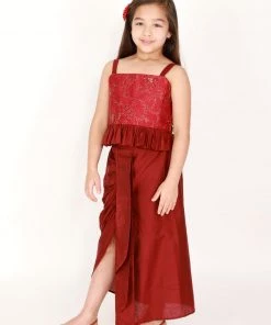 Vastramay Girl's Maroon Draped Skirt With Crop Top Girls