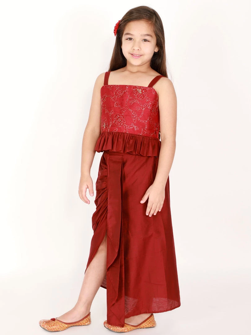 Vastramay Girl's Maroon Draped Skirt With Crop Top Girls 4 Vastramay Girl's Maroon Draped Skirt With Crop Top Girls