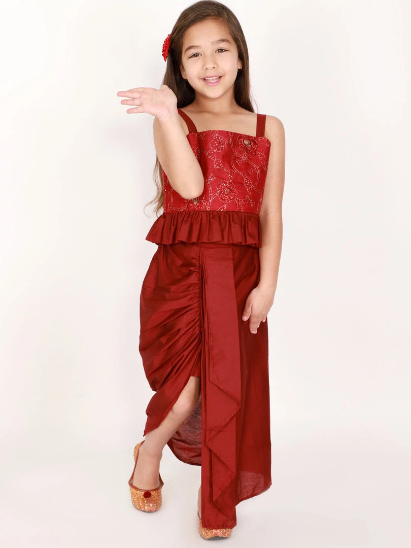 Vastramay Girl's Maroon Draped Skirt With Crop Top Girls 8 Vastramay Girl's Maroon Draped Skirt With Crop Top Girls