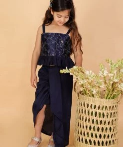 Girls Vastramay Girl's Navy Blue Draped Skirt With Crop Top