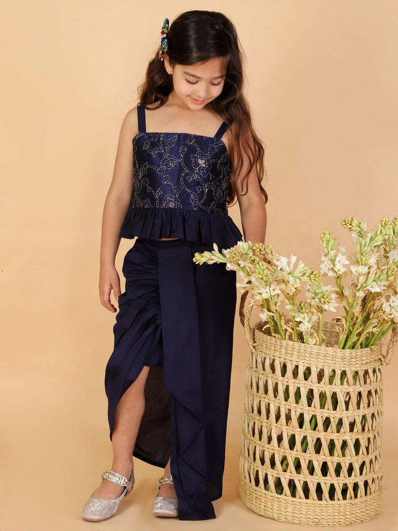 Girls Vastramay Girl's Navy Blue Draped Skirt With Crop Top 3 Girls Vastramay Girl's Navy Blue Draped Skirt With Crop Top