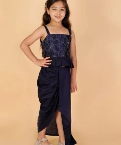 Girls Vastramay Girl's Navy Blue Draped Skirt With Crop Top