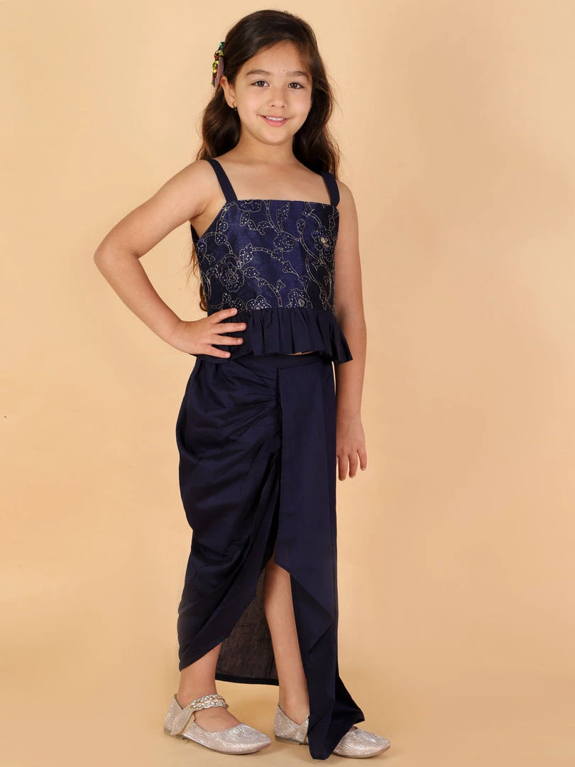 Girls Vastramay Girl's Navy Blue Draped Skirt With Crop Top 4 Girls Vastramay Girl's Navy Blue Draped Skirt With Crop Top