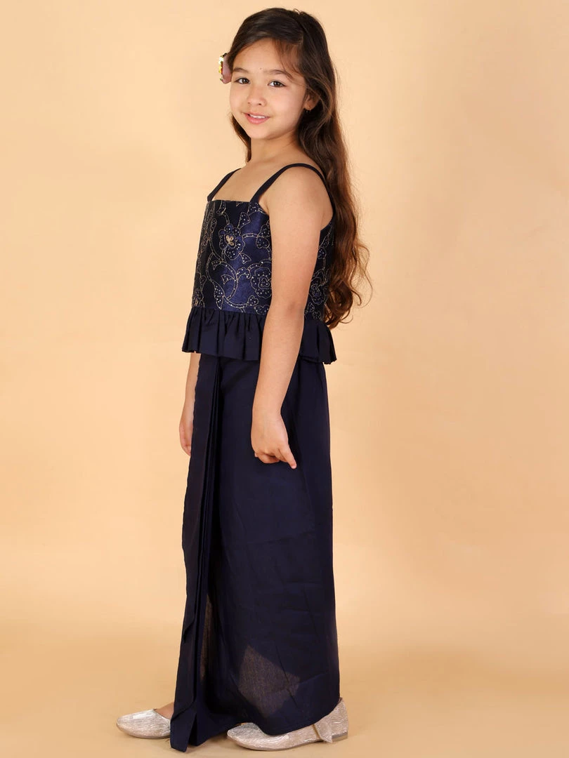 Girls Vastramay Girl's Navy Blue Draped Skirt With Crop Top 5 Girls Vastramay Girl's Navy Blue Draped Skirt With Crop Top