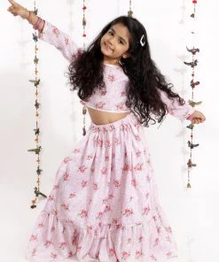 Vastramay Girls Girl's Printed Linen Crop Top And Ruffle Skirt Set