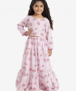 Vastramay Girls Girl's Printed Linen Crop Top And Ruffle Skirt Set