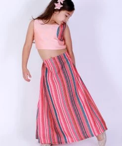 Girls Vastramay Girl's Pink Striped Skirt With Pink Crop Top