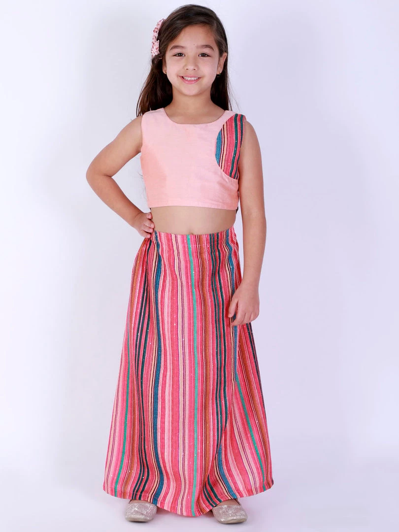 Girls Vastramay Girl's Pink Striped Skirt With Pink Crop Top 8 Girls Vastramay Girl's Pink Striped Skirt With Pink Crop Top