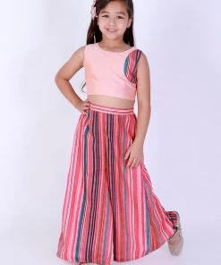 Vastramay Girl's Pink Striped Palazzo With Pink Crop Top Girls
