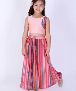 Vastramay Girl's Pink Striped Palazzo With Pink Crop Top Girls