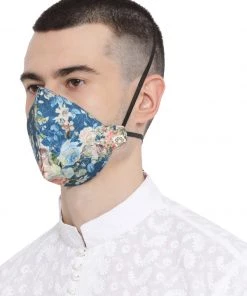 Vastramay Unisex 3-Ply Floral Print On Embroidered Base Reusable Anti-Pollution, Comfortable Masks In Blue - Pack Of 1