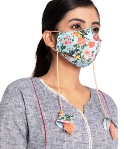 Vastramay Floral Printed Reusable Anti-Pollution, Cotton Dori Ear Loop And Choti Plus Tassels Style Wellness Mask In Green With A Natural Fibre Potli Bag - Pack Of 1