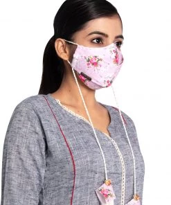 Rakhi Vastramay Floral Printed Reusable Anti-Pollution, Cotton Dori Ear Loop And Choti Plus Tassels Style Wellness Mask In Pink With A Natural Fibre Potli Bag - Pack Of 1
