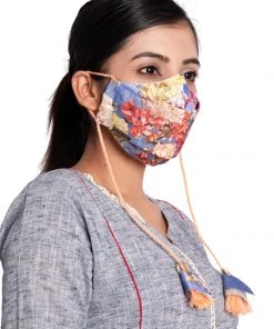 Vastramay Floral Printed Reusable Anti-Pollution, Cotton Dori Ear Loop And Choti Plus Tassels Style Wellness Mask In Blue With A Natural Fibre Potli Bag - Pack Of 1 Rakhi