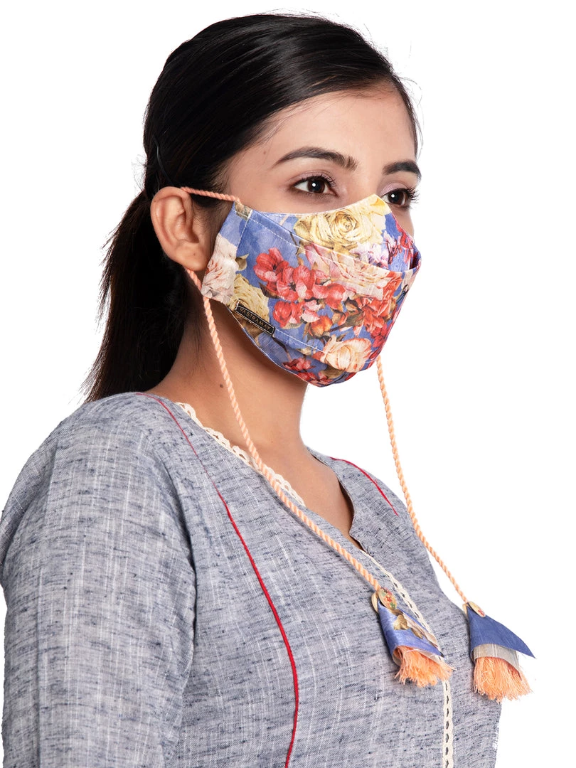 Vastramay Floral Printed Reusable Anti-Pollution, Cotton Dori Ear Loop And Choti Plus Tassels Style Wellness Mask In Blue With A Natural Fibre Potli Bag - Pack Of 1 Rakhi 3 Vastramay Floral Printed Reusable Anti-Pollution, Cotton Dori Ear Loop And Choti Plus Tassels Style Wellness Mask In Blue With A Natural Fibre Potli Bag - Pack Of 1 Rakhi