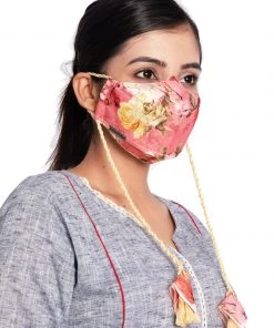Vastramay Floral Printed Reusable Anti-Pollution, Cotton Dori Ear Loop And Choti Plus Tassels Style Wellness Mask In Pink With A Natural Fibre Potli Bag - Pack Of 1