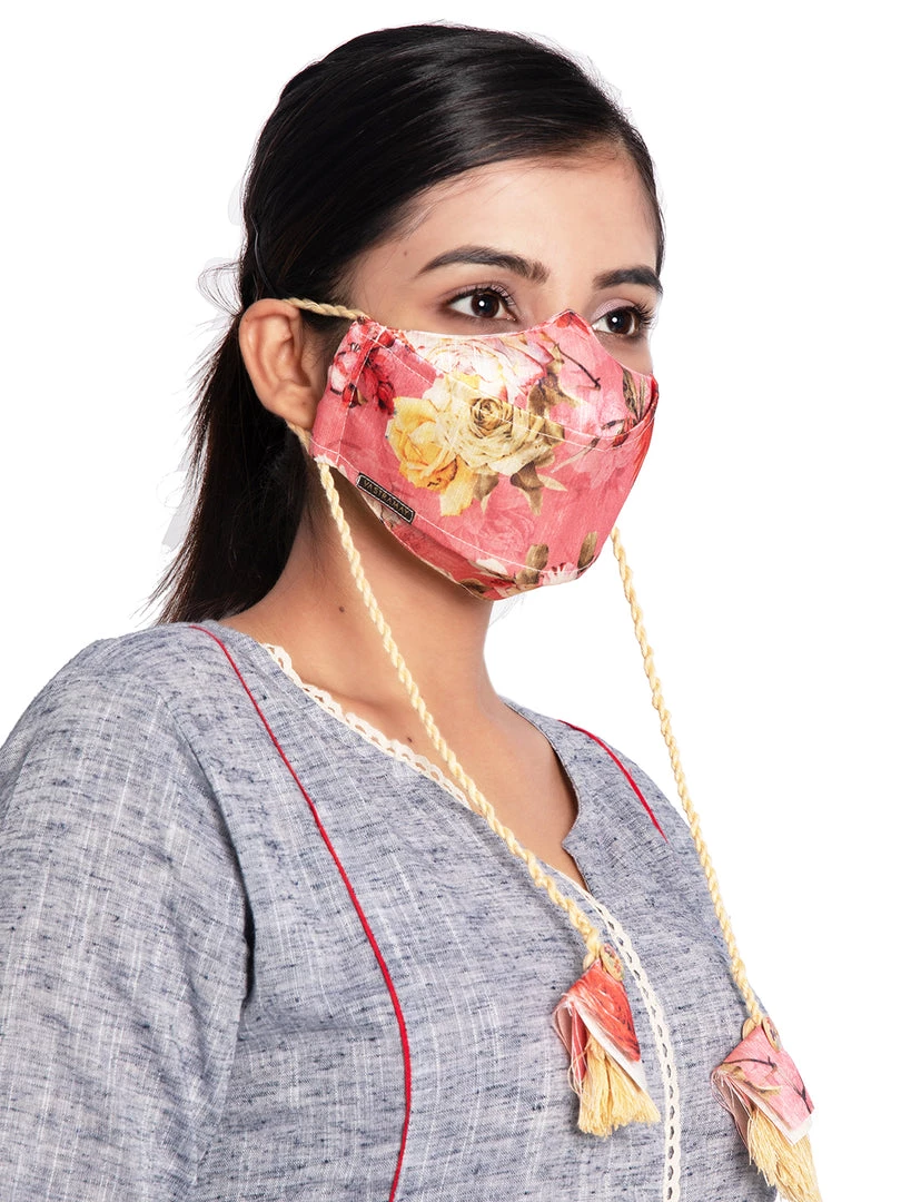 Vastramay Floral Printed Reusable Anti-Pollution, Cotton Dori Ear Loop And Choti Plus Tassels Style Wellness Mask In Pink With A Natural Fibre Potli Bag - Pack Of 1 3 Vastramay Floral Printed Reusable Anti-Pollution, Cotton Dori Ear Loop And Choti Plus Tassels Style Wellness Mask In Pink With A Natural Fibre Potli Bag - Pack Of 1