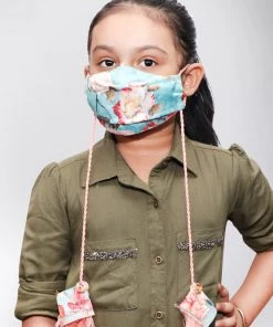 Vastramay Floral Printed Reusable Anti-Pollution, Cotton Dori Ear Loop And Choti Plus Tassels Style Wellness Mask In Blue With A Natural Fibre Potli Bag - Pack Of 1 Rakhi