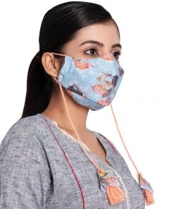 Rakhi Vastramay Floral Printed Reusable Anti-Pollution, Cotton Dori Ear Loop And Choti Plus Tassels Style Wellness Mask In Blue With A Natural Fibre Potli Bag - Pack Of 1