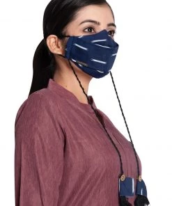 Vastramay Ikkat Printed Reusable Anti-Pollution, Cotton Dori Ear Loop And Choti Plus Tassels Style Wellness Mask In Blue With A Natural Fibre Potli Bag - Pack Of 1