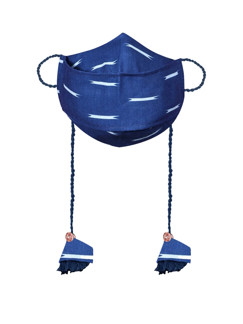 Vastramay Ikkat Printed Reusable Anti-Pollution, Cotton Dori Ear Loop And Choti Plus Tassels Style Wellness Mask In Blue With A Natural Fibre Potli Bag - Pack Of 1 4 Vastramay Ikkat Printed Reusable Anti-Pollution, Cotton Dori Ear Loop And Choti Plus Tassels Style Wellness Mask In Blue With A Natural Fibre Potli Bag - Pack Of 1