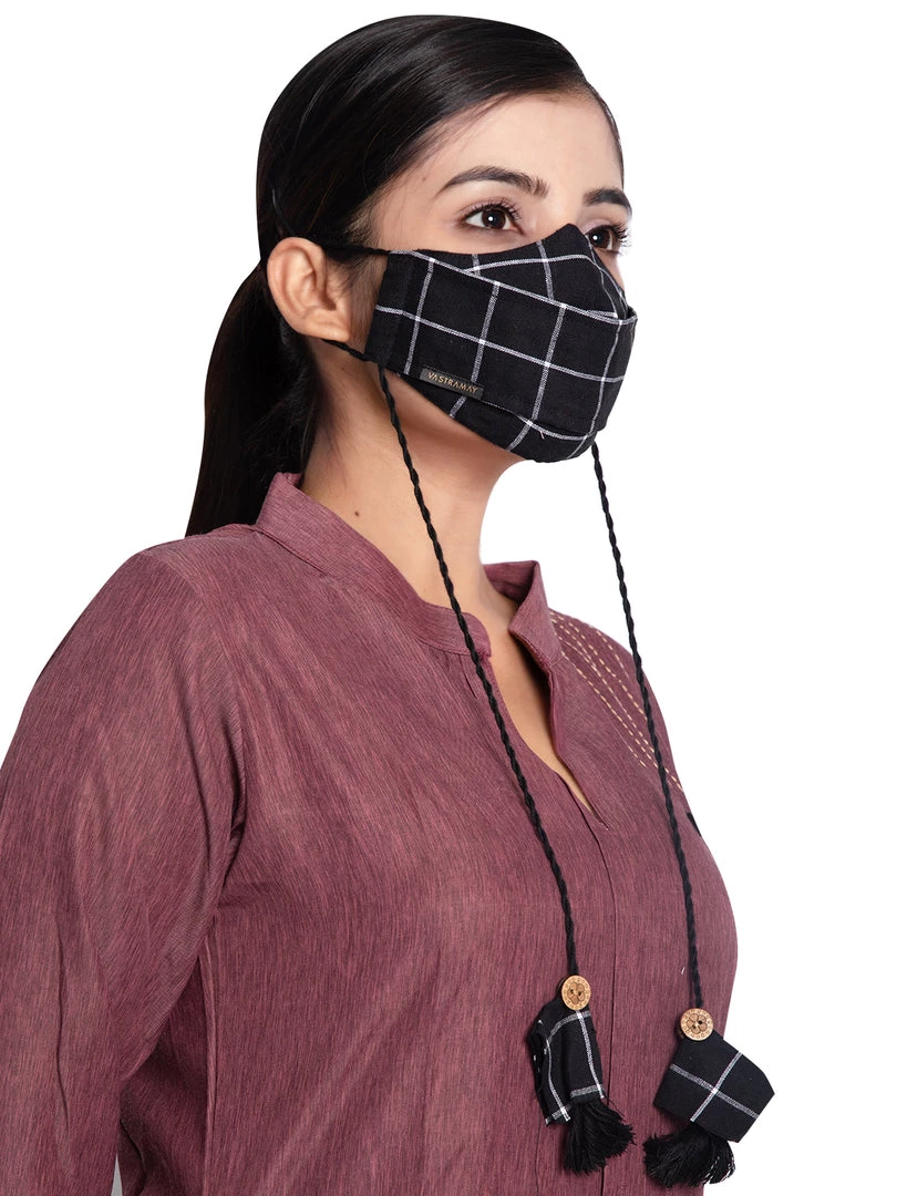 Vastramay Checkered Reusable Anti-Pollution, Cotton Dori Ear Loop And Choti Plus Tassels Style Wellness Mask In Black With A Natural Fibre Potli Bag - Pack Of 1 3 Vastramay Checkered Reusable Anti-Pollution, Cotton Dori Ear Loop And Choti Plus Tassels Style Wellness Mask In Black With A Natural Fibre Potli Bag - Pack Of 1
