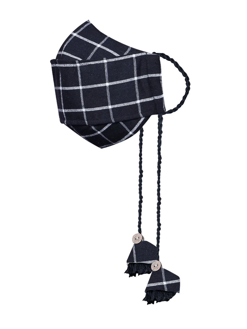 Vastramay Checkered Reusable Anti-Pollution, Cotton Dori Ear Loop And Choti Plus Tassels Style Wellness Mask In Black With A Natural Fibre Potli Bag - Pack Of 1 5 Vastramay Checkered Reusable Anti-Pollution, Cotton Dori Ear Loop And Choti Plus Tassels Style Wellness Mask In Black With A Natural Fibre Potli Bag - Pack Of 1