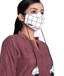 Vastramay Checkered Reusable Anti-Pollution, Cotton Dori Ear Loop And Choti Plus Tassels Style Wellness Mask In White With A Natural Fibre Potli Bag - Pack Of 1