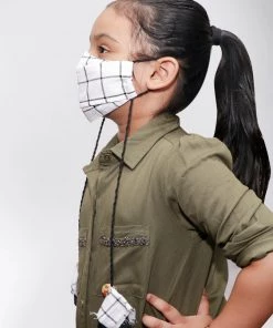 Vastramay Checkered Reusable Anti-Pollution, Cotton Dori Ear Loop And Choti Plus Tassels Style Wellness Mask In White With A Natural Fibre Potli Bag - Pack Of 1
