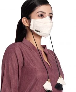 Rakhi Vastramay Self Design Reusable Anti-Pollution, Cotton Dori Ear Loop And Choti Plus Tassels Style Wellness Mask In Beige With A Natural Fibre Potli Bag - Pack Of 1