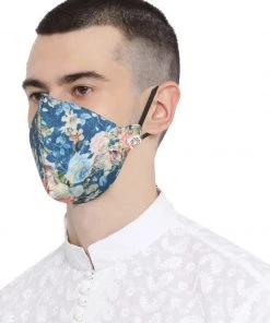 Vastramay Unisex 4 -Ply Floral Print On Embroidered Base Reusable Anti-Pollution, Comfortable Large Coverage With Ear Loops Wellness Masks In Blue - Pack Of 1 Rakhi