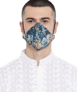 Vastramay Unisex 4 -Ply Floral Print On Embroidered Base Reusable Anti-Pollution, Comfortable Large Coverage With Ear Loops Wellness Masks In Blue - Pack Of 1 Rakhi